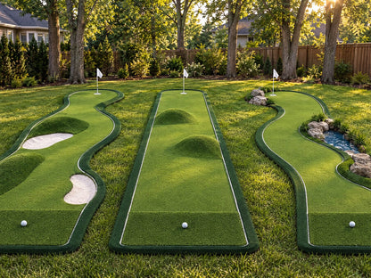 Concept render: three roll-up putting strips set up as a backyard mini golf course in daylight