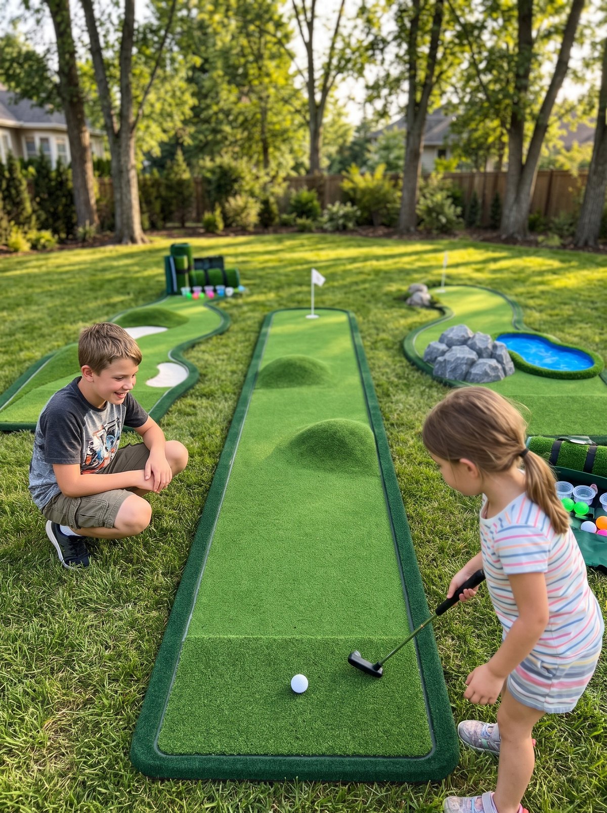 A girl putting on the Twin Hills green while her brother watches