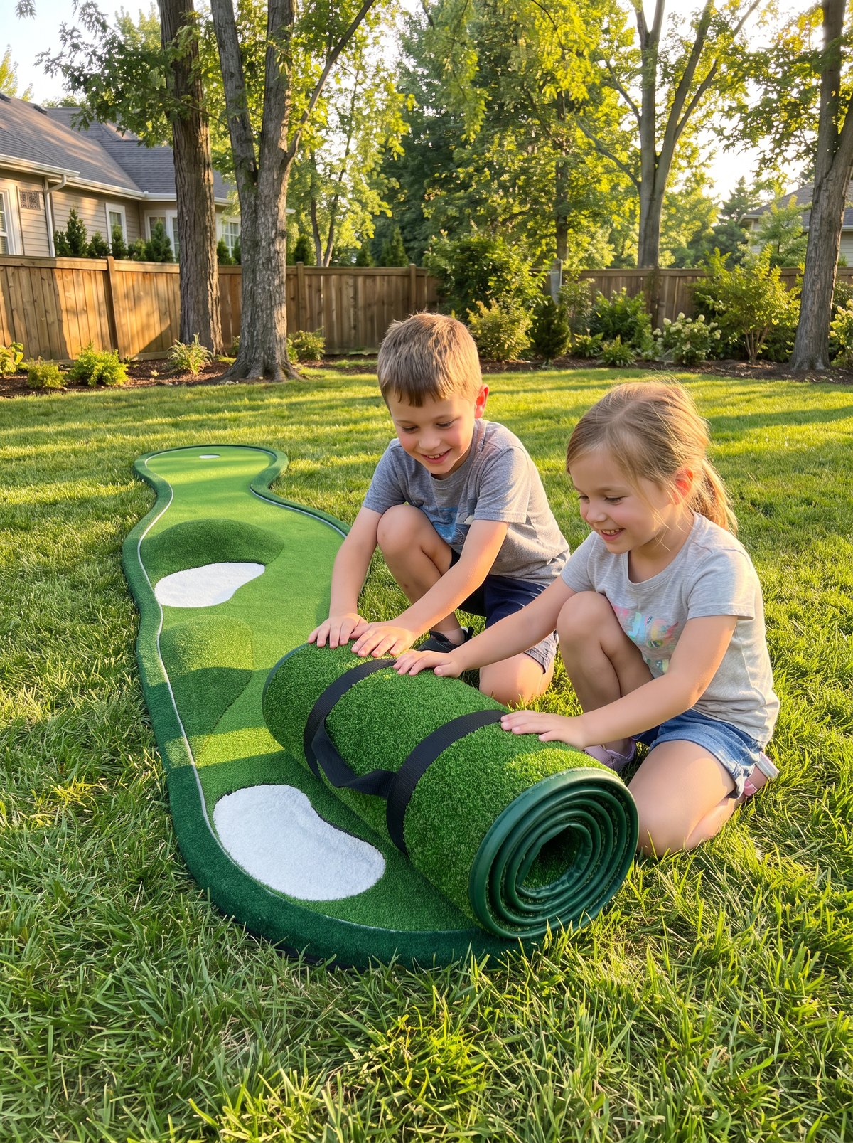 Two kids unrolling a Glow Putt green in the backyard