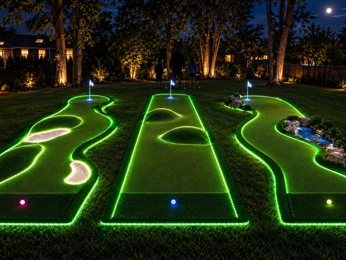 Concept render: 3-hole backyard putting course glowing at night with LED edging and light-up cups