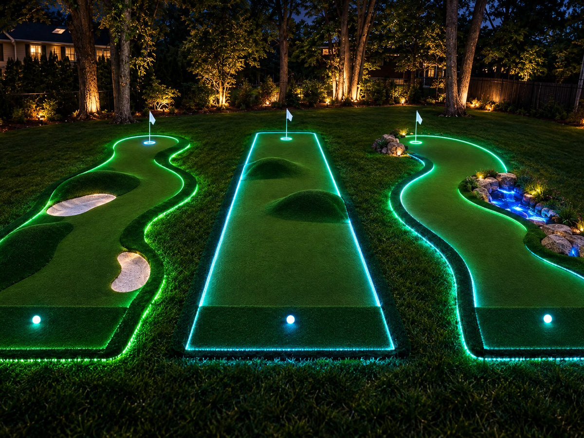 Concept render: the 3-hole course glowing in a backyard after dark