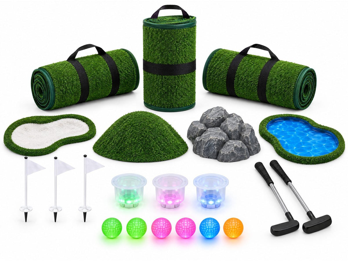 Concept render: what's in the box: 3 rolled putting strips, add-ons, flags, light-up cups, glow balls and putters